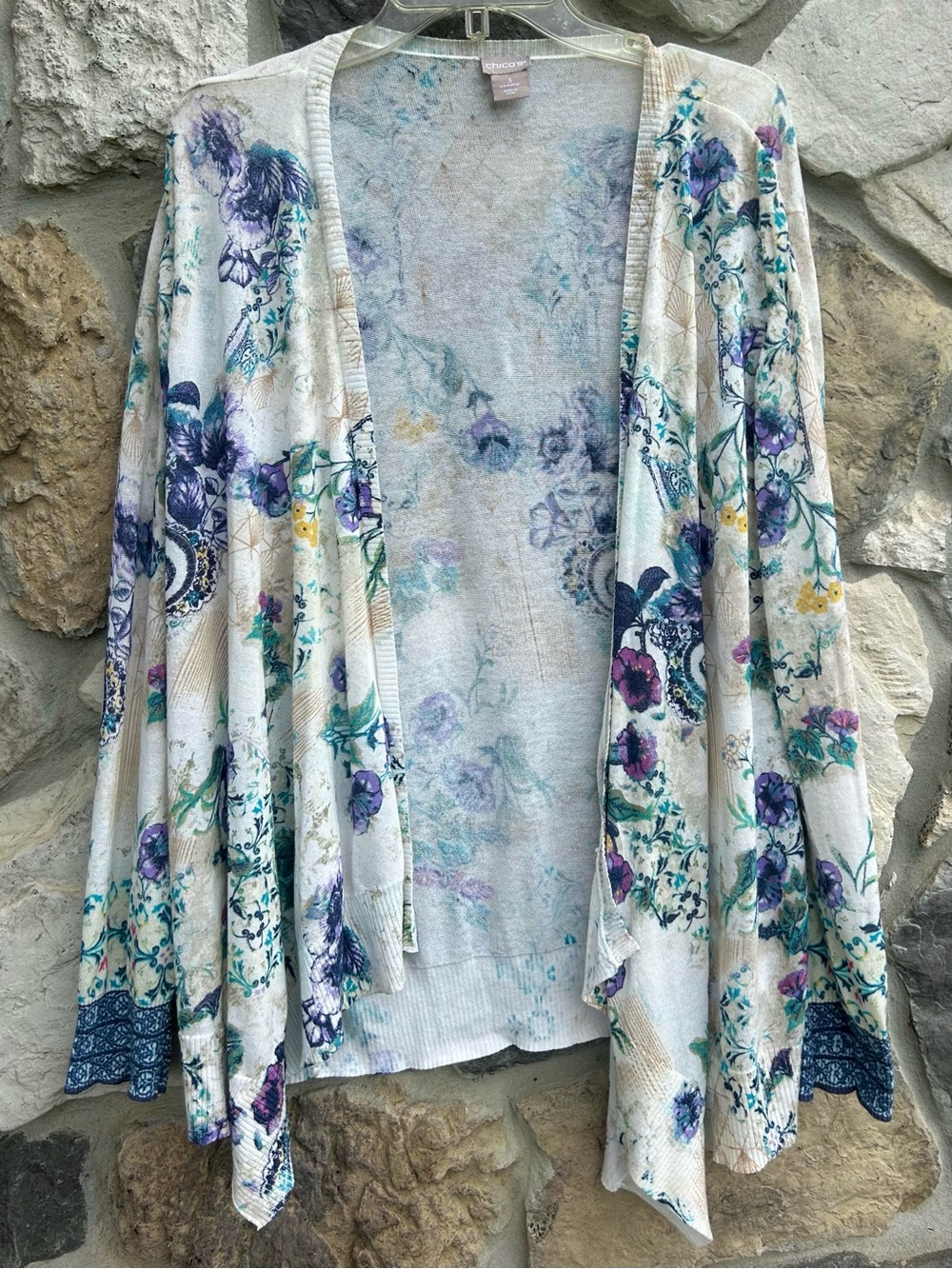 Chicos Cardigan Size 3 (XL) Colorful Floral Botanical Lightweight Summer Layer